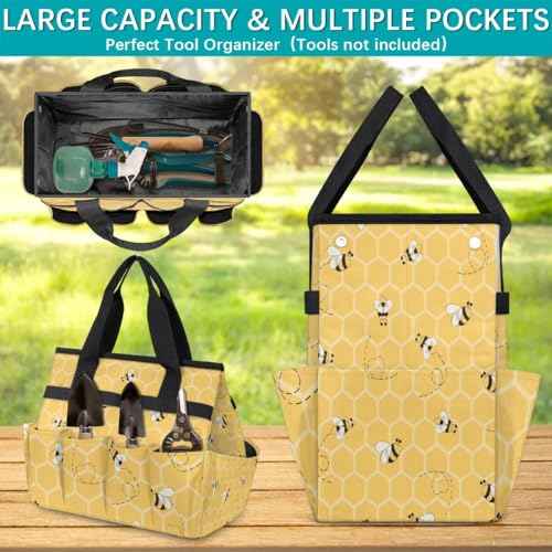 Honeycomb Garden Tool Bag Tote, Oxford Tool Bags Heavy Duty, Portable Gardening Tool Storage with Pockets & Handle,Multi-Pocket Tool Organizer Bag for Outdoor Garden Lawn Yard