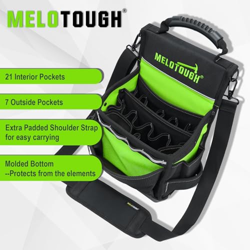 MELOTOUGH Electrician Tool Pouch Bag with Padded Shoulder Strap Constructed Professional 27 Pockets Pouch with Belt Clip Easy Access Tool Belt Pouch with Hard Bottom for Carpenter/Technican