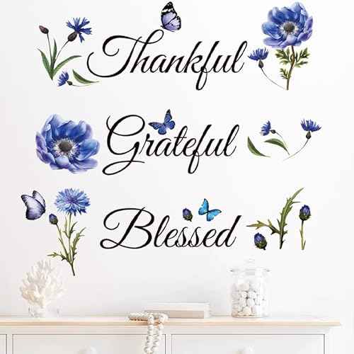 Inspirational Sticker Quote Grateful Thankful Blessed Removable Peel and Sticker Religious Wall Decor Blessed Wall Sign Inspirational for Kitchen Living Room Dining Room.