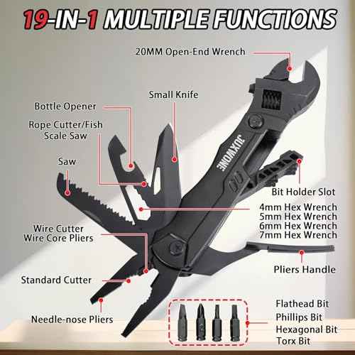 19-in-1 Multitool Wrench ? Stainless Steel Adjustable Wrench with Pliers, Knife, Wire Cutter, Saw, Screwdrivers ? Compact EDC Pocket Tool for Camping, DIY Repairs, Gift for Men