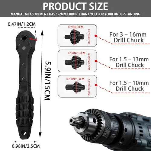 2-in-1 Ratchet Drill Chuck Key Wrench,Drill Chuck Ratchet Wrench w/ 3 Socket Sizes &1 Pair Glove,Universal Chucks Key Replacement Tool for Drills,Compatible with Most Electric Drills and Power Tools
