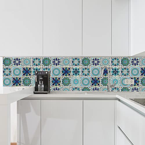 24Pcs Peel and Stick Tile Stickers, 4x4 Bathroom & Kitchen Backsplash Tile Decals Waterproof Self-Adhesive Square Vinyl Wall Decals Mandala Style Wall Decor (Best When adhered to Tiles