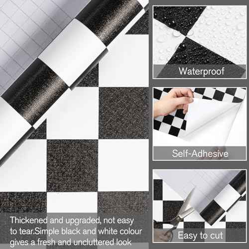 Black and White Contact Paper Mosaic Checkered Peel and Stick Wallpaper Lattice Self Adhesive Waterproof Vinyl Roll for Bathroom Kitchen Backsplash Cabinets Shelf Liners Drawers 17.3"x80"