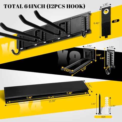 Heavy Duty Wall Mount Tool Organizer Rack, 48" Garage Storage Shelf w/Adjustable 16 Metal Hooks, 440lbs Capacity - Hanging Rake, Broom, Mop, Shovel, Snowboard, Yard Tools, Ideal Men's Gift