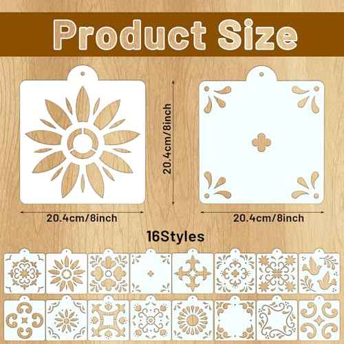 16 Pcs Wall Stencil Set, 8X8 Inch Wall Stencils for Painting with O-Ring Hook, Talavera Stencil for Painting on Furniture, Floor, Walls, Canvas, Resuable Tile Stencils for Home D?cor