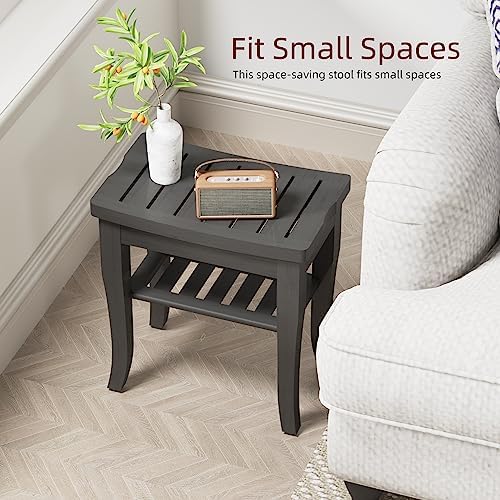 Bamboo Shower Bench, Spa Small Shower Stool for Inside Shower Waterproof, Bathroom Bench Seat with Storage Shelf for Adults Elderly Seniors, Wood Chair for Indoor or Outdoor Use, Black