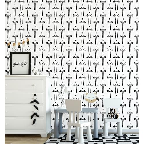 HAOKHOME Black Wall Paper Peel and Stick Modern Bow Ties Wallpaper Removable for Nursery Black/White Contact Paper 17.3in x 9.8ft