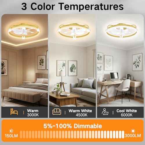 OUTON 20" Ceiling Fan with Light, Remote & App Control, Fandelier Low Profile Flush Mount Ceiling Fan with 3000K-6500K Stepless Dimmable, 6 Speed, Quiet DC Motor, Small Modern Ceiling Fans for Bedroom