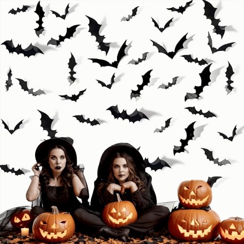 Bat Wall Stickers: Halloween Party Decorations Indoor & Outdoor - 84 pcs Reusable PVC 3D Black Bats for Halloween, Eve Party, Ghost Festival Decor