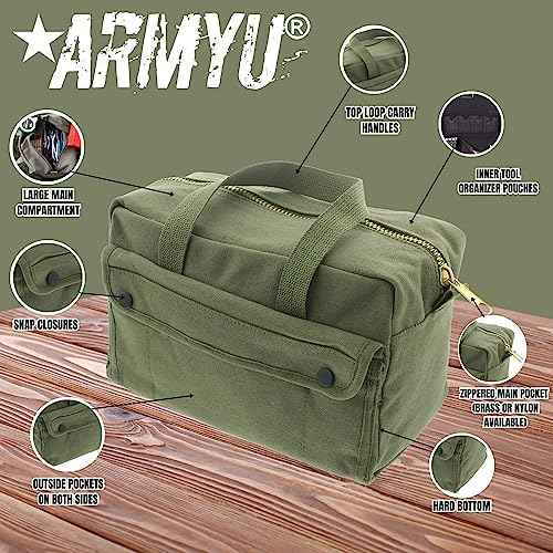 ARMYU Heavy Duty Small Tool Bag Tactical Cotton Canvas Mechanics Bag, 11" x 7" x 6", Olive - Brass Zipper