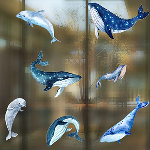 Giant 5 Sets Blue Whale Wall Decals and 2 Sets Jumping Blue Dolphin Wall Stickers Peel and Stick Wallpaper Wall Art Mural Decor for Kids Teens Bedroom Home Office Dorm Party Nursery