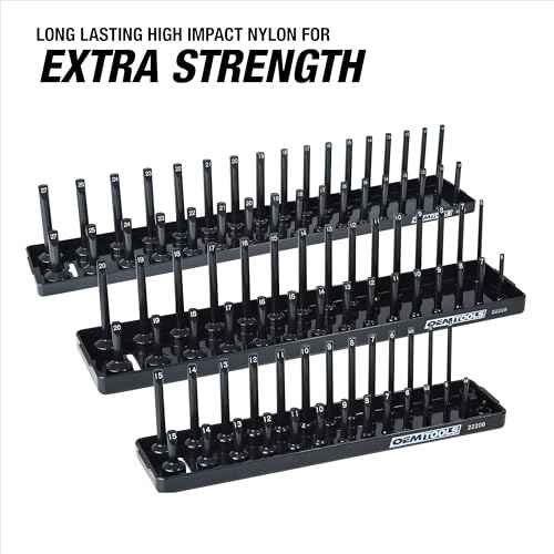 OEMTOOLS 22211 3-Pc Socket Organizer (Metric), Socket Holder for Organizing 1/4", 3/8", and 1/2" Sockets, Labeled Posts, Secure Fit, Sizes 4 mm to 27 mm