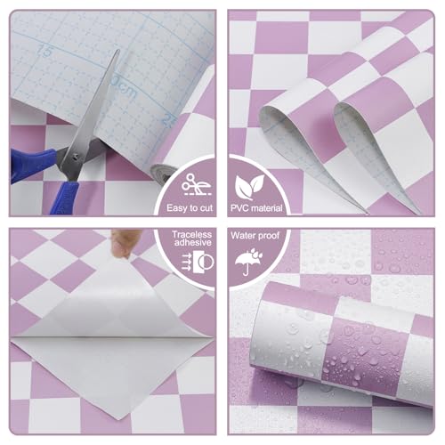 CAX Mosaic Wallpaper Purple and White Peel and Stick Wallpaper 17.3''x120'' Checkered Contact Paper Modern Self-Adhesive Removable Wallpaper Checkerboard Waterproof Wall Paper Bedroom,Living Room