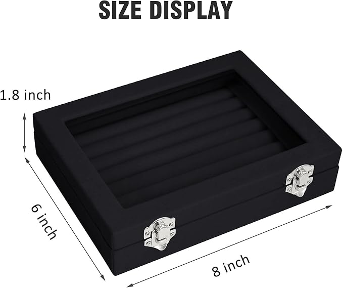 Rings Organizer Tray 7 Slots Velvet Jewelry Earring Storage Box with Transparent lid Jewelry Display Case for Girls Wife Mom Women (Black)