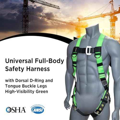 AFP Universal Full-Body Safety Harness w/Dorsal D-Ring Tongue Buckle Legs High-Viz Green, Shock Absorbing Lanyard (OSHA/ANSI)