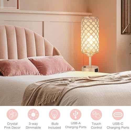 Touch Table Lamps for Bedrooms Set of 2-3 Way Dimmable Champagne Gold Crystal Lamps with Crystal Shade, Bedside Nightstand Lamp for Living Room Bedroom Home Office
