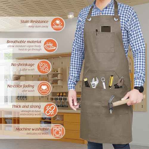 Adjustable Work Apron for Men,Heavy Duty Canvas Shop Apron Crossback with Tool Pockets (Brown)