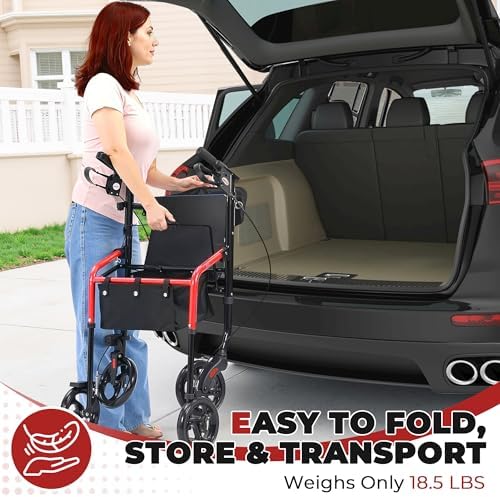 Metro Mobility Rollator Walker with Seat for Seniors, Foldable Lightweight Rolling Walker, 8" Big Wheels for All Terrain, 300 lb. Weight Capacity, Red
