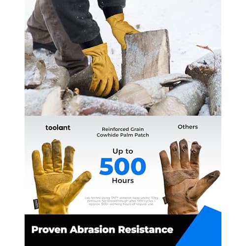 toolant Leather Winter Work Gloves for Men, 100% Grain Cowhide with Warm Thinsulate Lining, Water & Abrasion Resistance