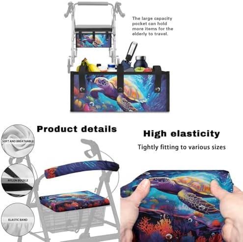 LedBack 3 Piece Set Walker Accessories Sea Turtle Print Walker Seat Cover Soft Rollator Seat and Back Rest Covers Underseat Pouch Tote for Rolling Walkers