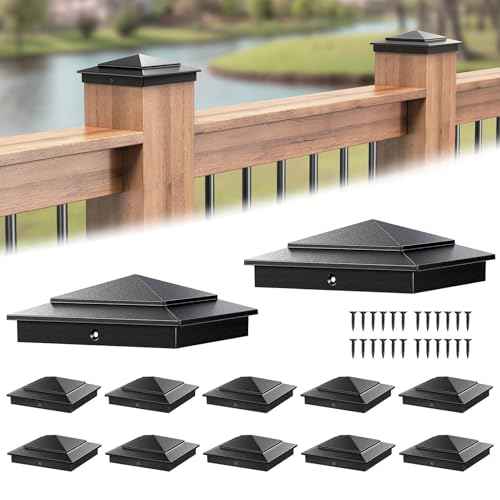 10-Pack Aluminum 6x6 Post Caps for Deck Railing(Actual 5.5" x 5.5"), Fence Post Caps with Screws, Black Pyramid Deck Posts Cap for Wooden Rail, Waterproof Metal Deck Cover for Mailbox