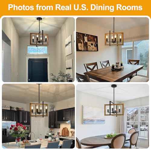17" Farmhouse Wood Chandelier, (4-Light, 17-Inch), Rustic Dining Room Light Fixtures Over Table, Adjustable Hanging Light Fixture for Kitchen, Living Room, Foyer, Entryway