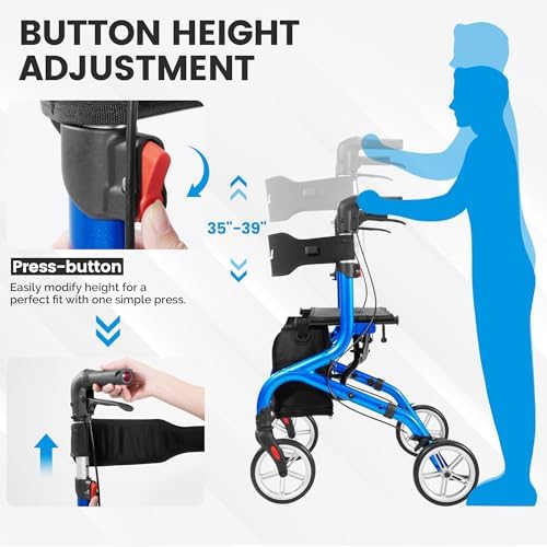 Super Lightweight Rollator Walker for Seniors, Foldable Rolling Walker with Seat and 8" Rubber Wheels for All Terrain, Upgraded Height Adjustment Button with Cup Holder, Blue