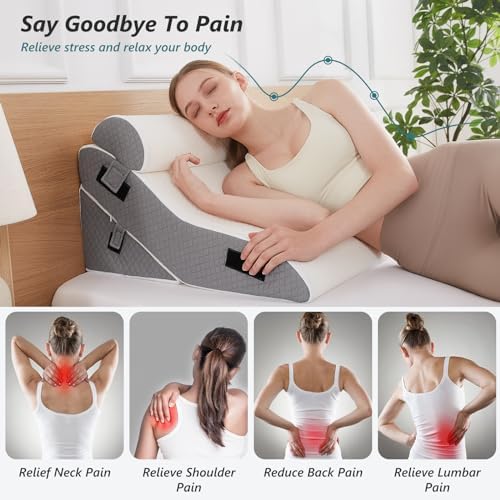 Bed Wedge Pillow for Sleeping 3 PCS - 35D Foam Wedge Pillow Post Surgery for Back Leg Pain Relief - 22.5" Wide Triangle Pillow Wedge for Acid Reflux & Snoring & GERD (White Grey)