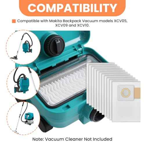 Zookpr 10-Pack 197903-8 Filter Bag for Makita Vacuum Filters 18V X2 LXT Backpack Vacuum Models XCV05, XCV09 and XCV10, White Filter Collector Dust Bag