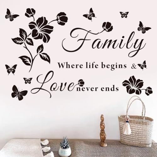 Family Wall Decor Stickers, Black Floral Quote Wall Decal Vinyl Sticker for Living Room, Bedroom, Kitchen, Dining, Office, Glass Surface