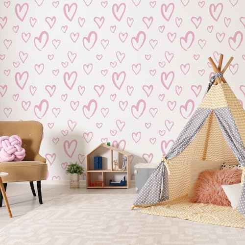 SOON AFTER White and Pink Contact Paper Heart Wallpaper Peel and Stick Wallpaper Modern Removable Self Adhesive Waterproof Wall Paper for Bedroom Kids Room Nurseryls 17.3"x120"