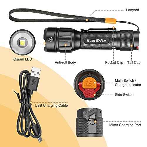 EverBrite LED Tactical Flashlight, Rechargeable Flashlight 750 Lumens with Lanyard & Clip, 6 Modes (High/Medium/Low/Strobe/SOS/Turbo), for Camping, Hiking, Emergency, Survival Use