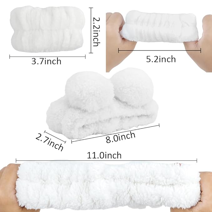 AHONEY Spa Bear Ears Headband Set - Face Wash Headband and Wristband, Fluffy Elastic Hair Band for Women & Girls (White)