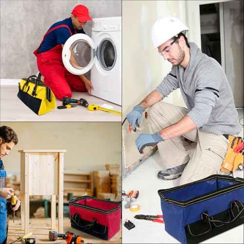 3 Pack Tool Bag with Waterproof Strong Hard Base, Large Organizer Heavy Duty Tool Bag Multi Pockets Wide Mouth Tool Tote for Various Tools (Multicolor,16 Inch)