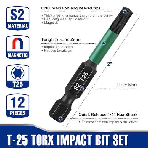 WORKPRO 12pcs T25 Torx Impact Screwdriver Bit Set, CNC Machined S2 Steel Tips with Magnetism, 1/4¡± Hex-Shank Star Driver Bit, 2¡± Long Impact Screwdriving Bits with Storage Box