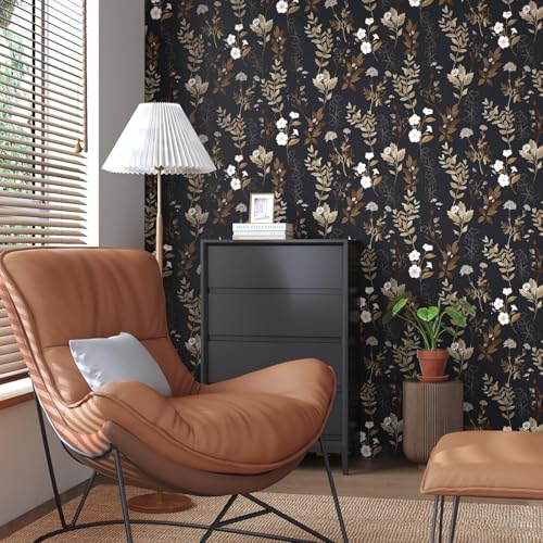 Black Floral Wallpaper Peel and Stick Gold Leaf Contact Paper Leaf Wallpaper Waterproof Self-Adhesive Wall Covering for Bedroom Countertop Desk Cabinets Decor 17.4" x 78"