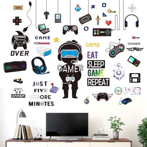 Gamer Wall Stickers - Controller Eat Sleep Games Joystick Video Gaming Wall Decals - Boys Bedroom Playroom Baby Kids Room Wall Decor