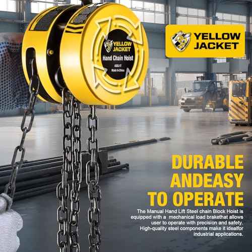 YELLOW JACKET Hand Chain Hoist 1 Ton 2200 Lbs Capacity Chain Block, 10 Feet with 2 Heavy Duty Hooks for Warehouse Automotive Machinery, Manual Chain for Lifting Good, Yellow