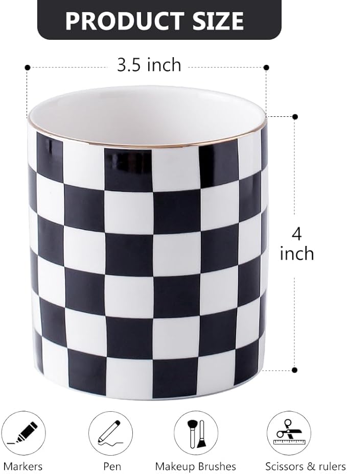 Ceramic Checkered Pen Holder For Desk Cute Stand Gold Line Pencil Cup Pot Desk Organizer, Office Desktop Decor, Makeup Brush Holder for Girls,Women (Black-white)