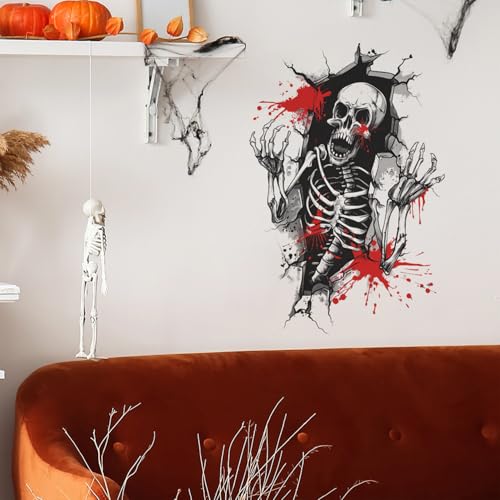 Halloween Wall Decor 3D Horror Skeleton with Blood Wall Decals for Living Room Self-Adhesive Removable Skeleton Wall Stickers for Home Room Bedroom Wall Art Halloween Party Decorations
