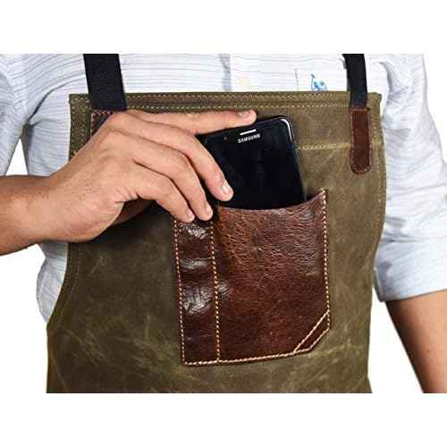 One Size Fits Utility Apron | Adjustable Cross-Back Straps | Multi-Use Shop Apron With Tool Pockets By Aaron Leather Goods (Green, Canvas Leather)
