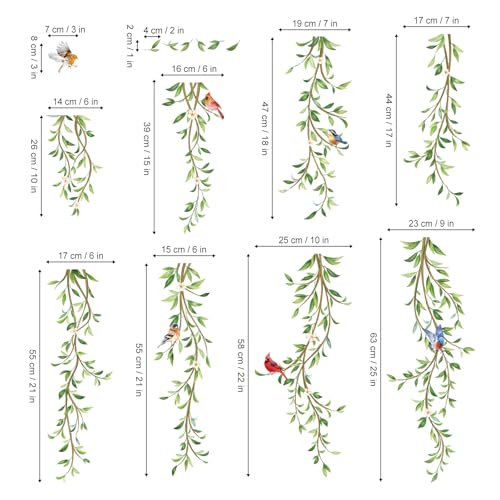 wondever Hanging Green Vine Wall Stickers Plants Leaves White Floral Birds Peel and Stick Wall Art Decals for Bedroom Living Room Sofa