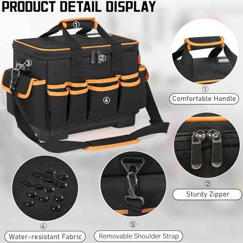 14 Inch Tool Bag with Waterproof Hard Bottom, Large Multi-Pockets Tool Tote Box Organizer Heavy Duty Storage Case