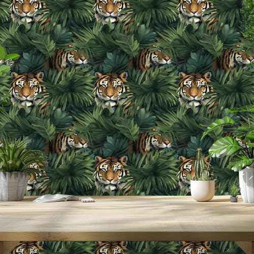 HAOKHOME Tropical Peel and Stick Wallpaper Jungle Tiger Leaf Plam Animal Removable Stick on Contact Paper for Home Decor Green/Brown 17.3in x 9.8ft
