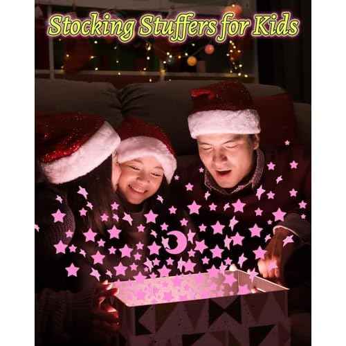 Greingways 201 Pcs Glow in The Dark Stars Stickers for Ceiling Bedroom, Stocking Stuffers for Kids Ages 3-5, 4-8, 8-12, Boys Girls Room Decor Wall Stickers Stocking Stuffers for Toddler-Pink