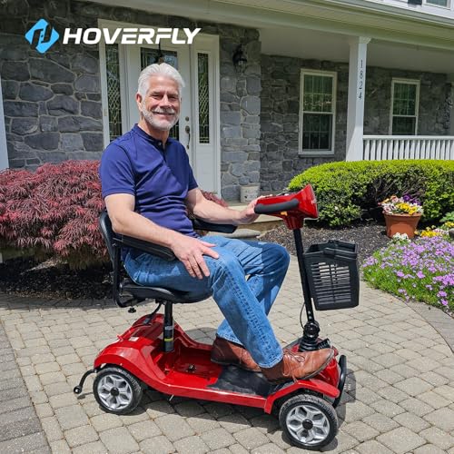 Hoverfly T4 Mobility Scooter, 4-Wheel Mobility Scooter for Adults - 12.4 Miles Range, 3.7 mph, Smart Safety Features, Removed Battery, Rotating Swivel Seat, Headlight, Basket, Charger Included Red