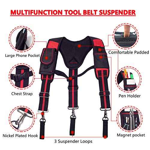 AISENIN Tool Belt Suspenders Construction Work Suspenders with Magnet Pocket, Large Moveable Phone Holder, Pencil Holder