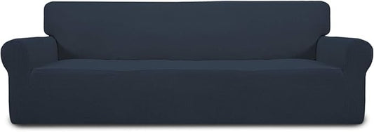 Easy-Going Stretch 4 Seater Sofa Slipcover 1-Piece Sofa Cover Furniture Protector Couch Soft with Elastic Bottom for Kids, Polyester Spandex Jacquard Fabric Small Checks Dark Blue