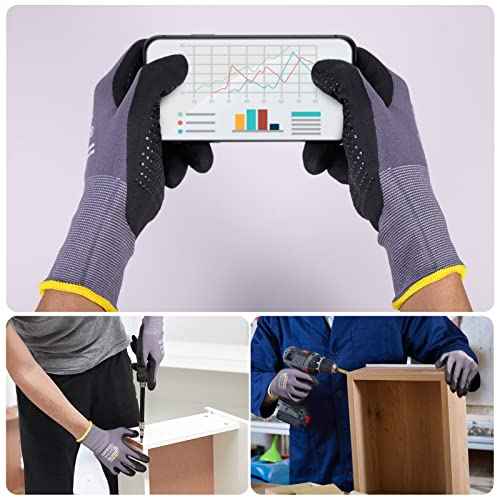 LOCCEF Work Gloves MicroFoam Nitrile Coated-6 Pairs,Endurance Seamless Knit Nylon,Dots on palm,Tacky Dot Grip Gloves