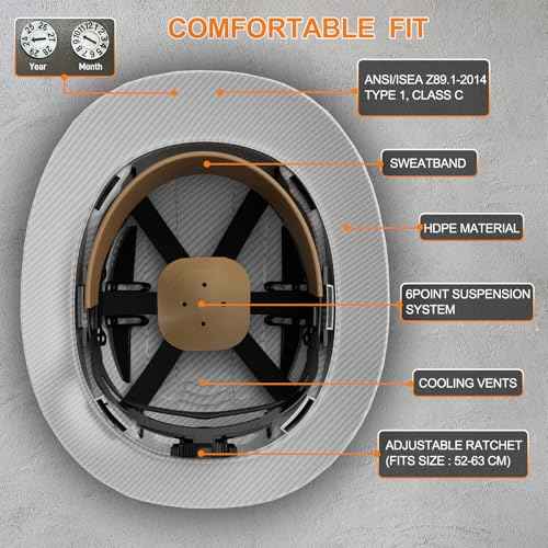 Structure Full Brim Hard Hat with Glasses and Cooling Towel Adjustable Ventilation Reflective Helmet ANSI Z89.1 Type OSHA Approved 6 Point Hanging Helmet for Industrial